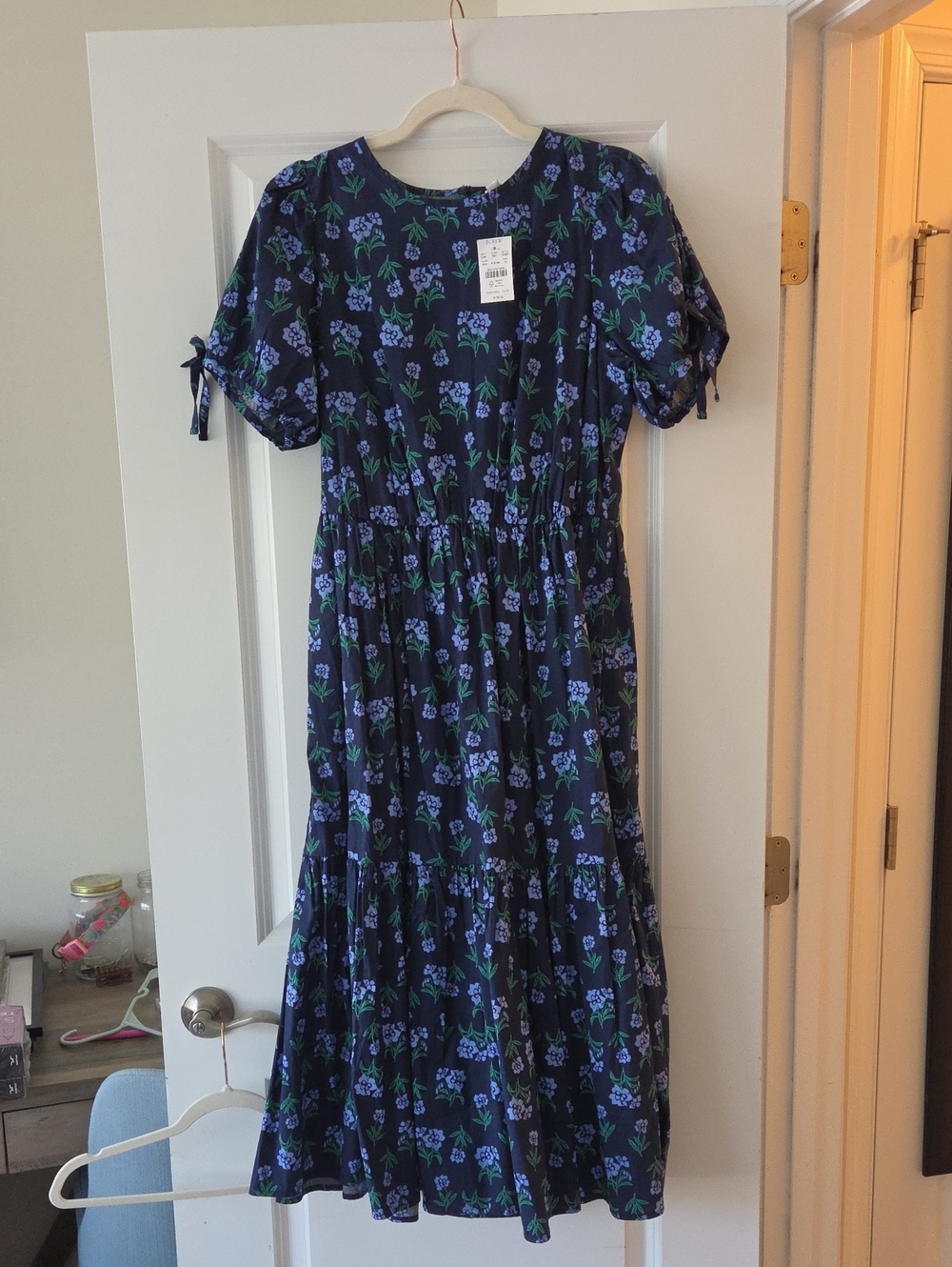 Women’s Navy Floral Midi Dress with Puff Sleeves